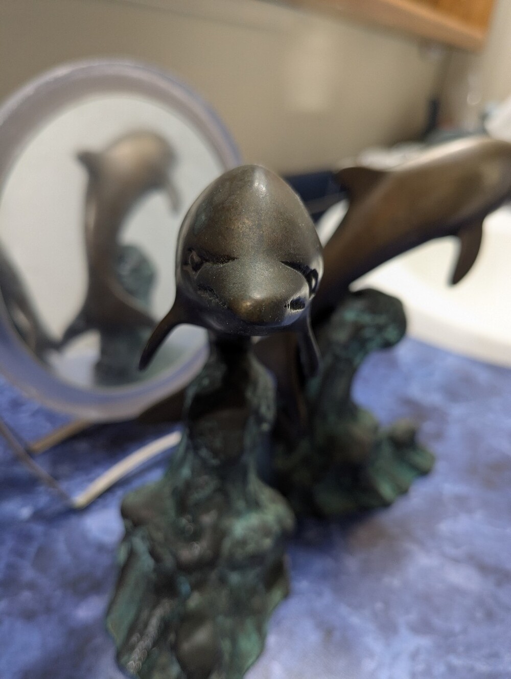 Vintage Bronze/Brass -Patina Dolphin Sculptures/ Bookends Decorative Accent